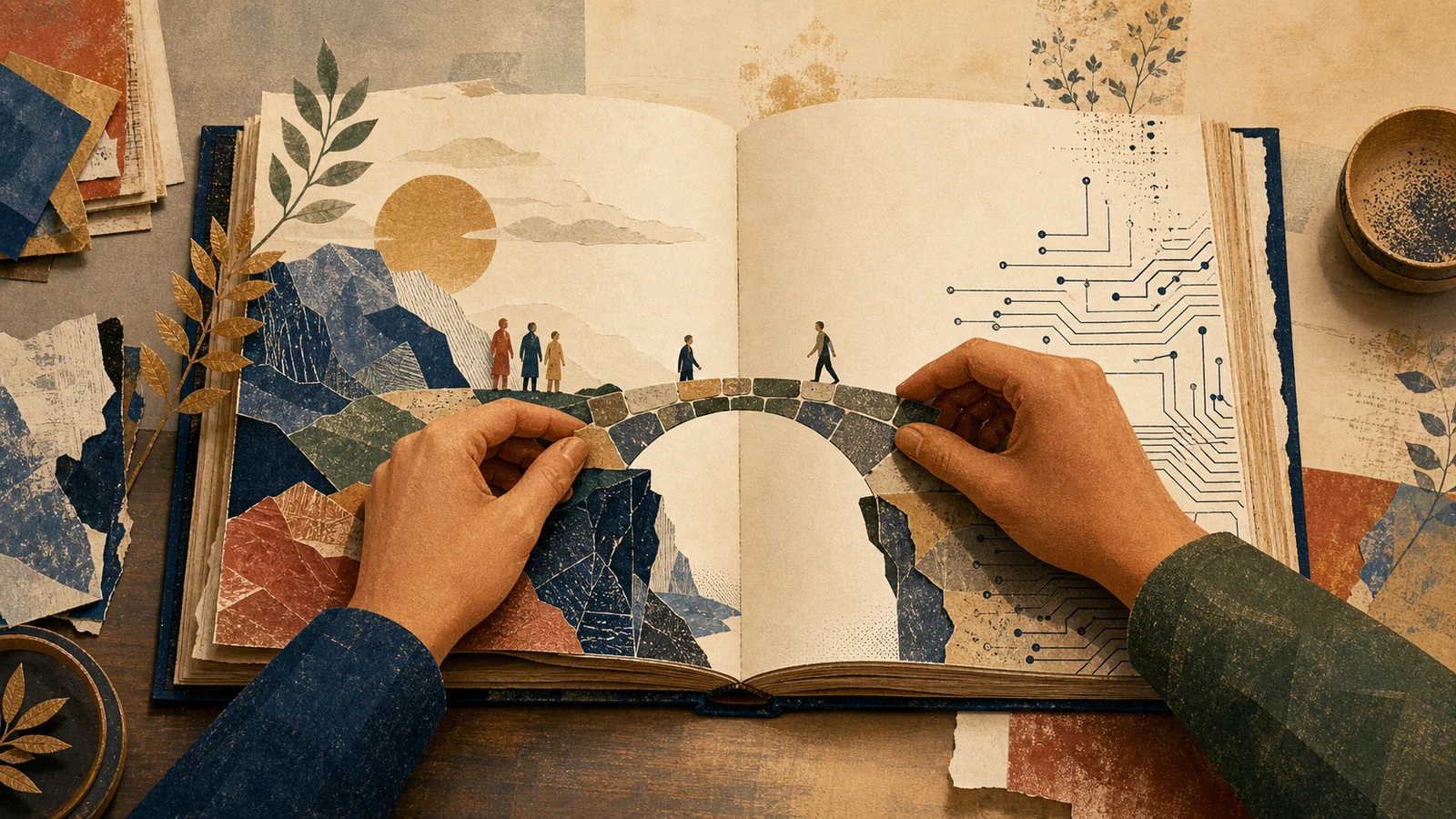 An editorial collage of an open book, layered pages, and a quiet digital grid