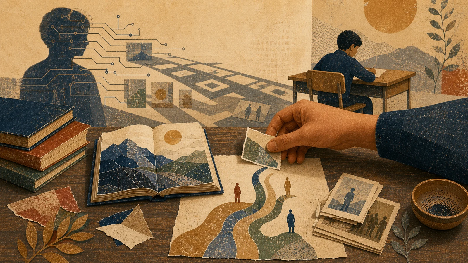 An editorial classroom collage with a visible lesson and a second pattern in shadow