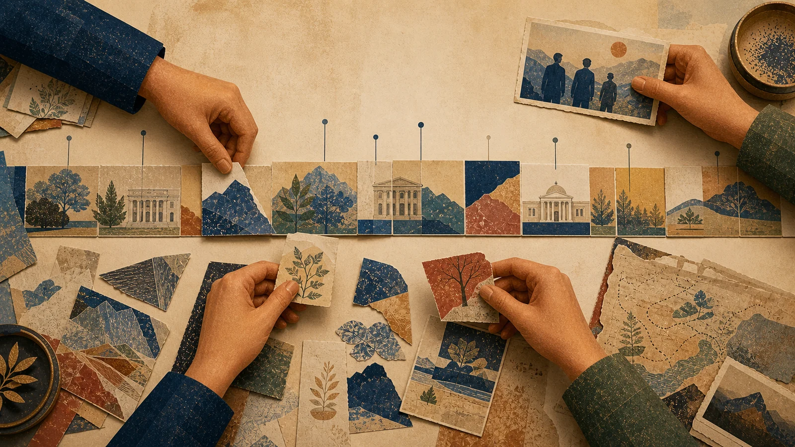 An editorial collage of layered archives, one central timeline, and many surrounding voices