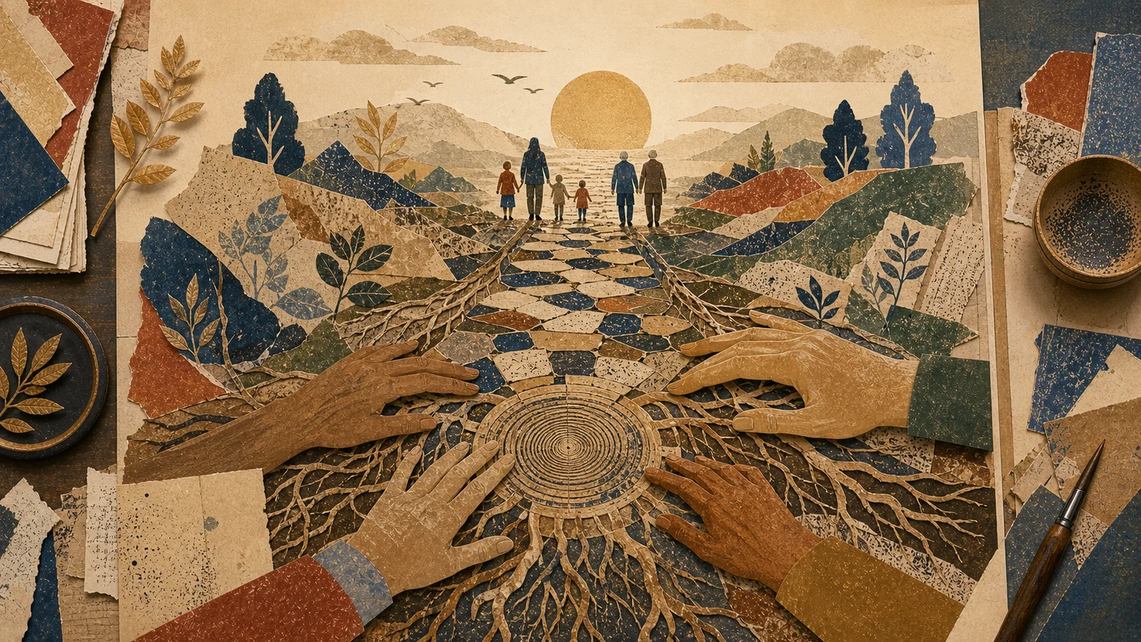 An editorial collage where deep roots connect an ancestral archive to an imagined horizon