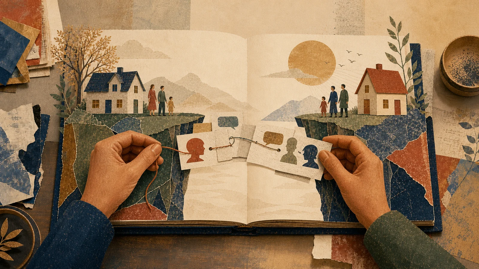 An editorial collage of two messages crossing a bridge while subtle meanings drift away