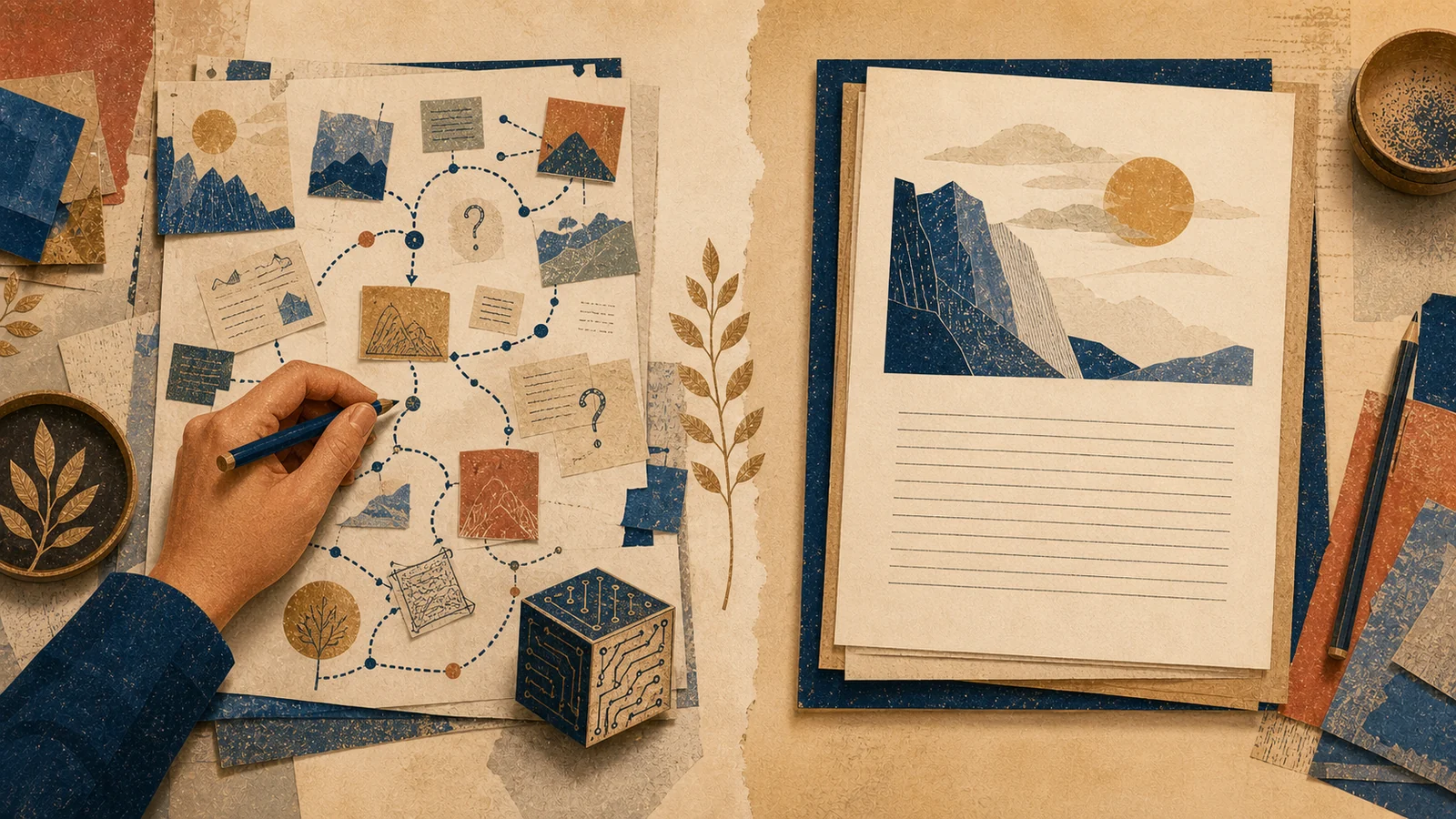 An editorial collage of a learner and a tool shaping ideas together at a shared table