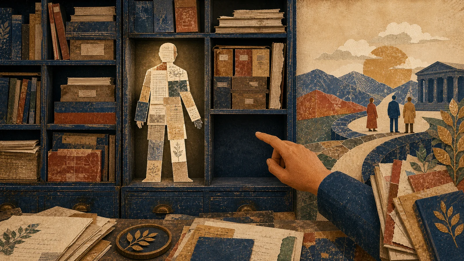 An editorial collage of a scholarly archive, a microphone, and a clear boundary line