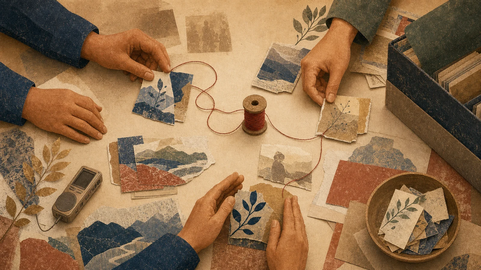 An editorial collage of an oral-history waveform held carefully among archive pages