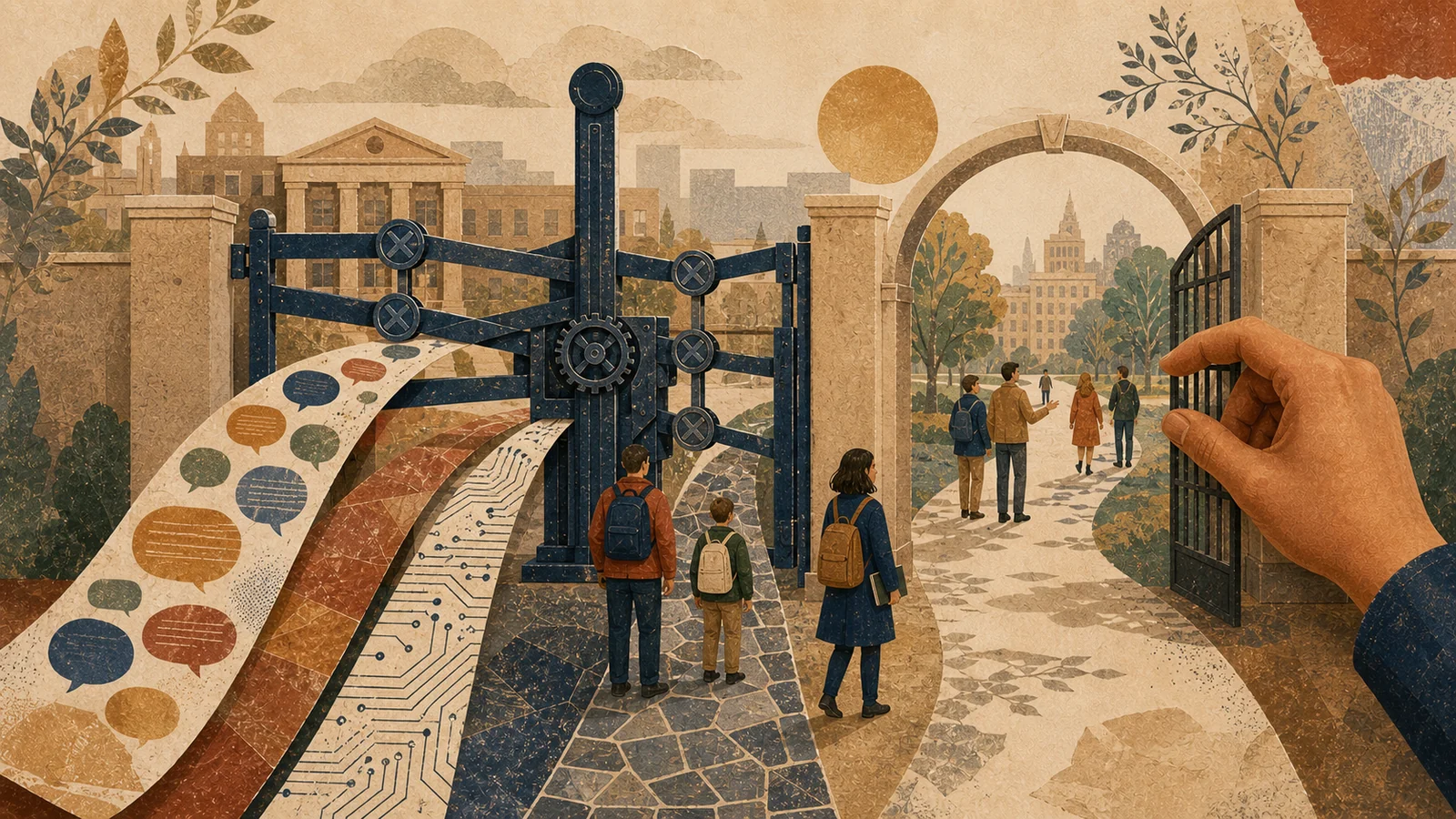 An editorial collage of varied learners approaching a gate with different paths and barriers