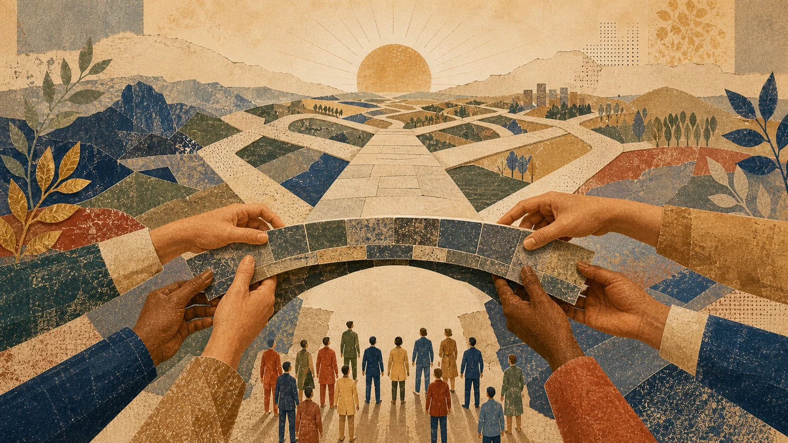 An editorial collage of a deliberately built bridge joining community, classroom, and future